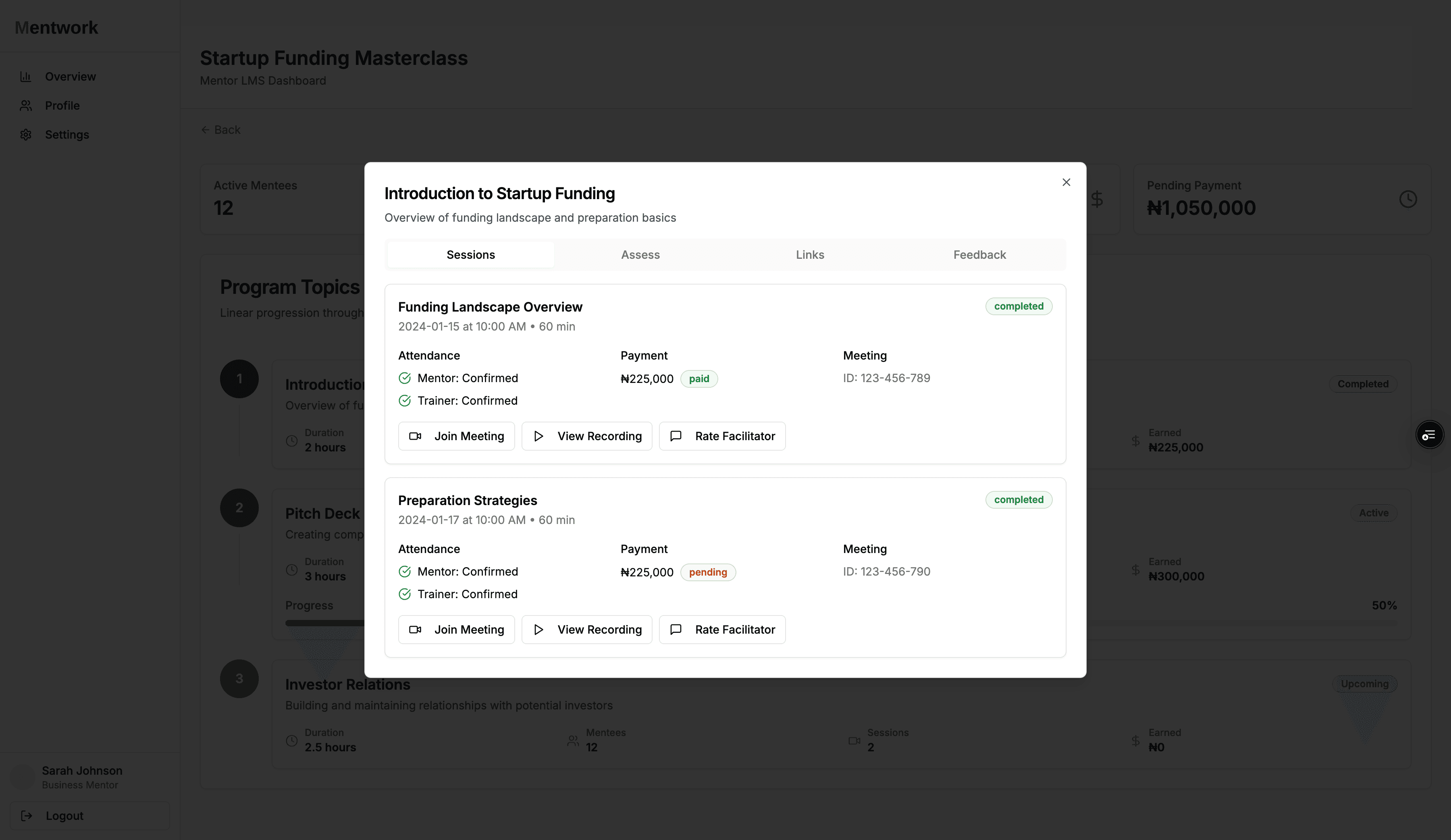 Session detail modal